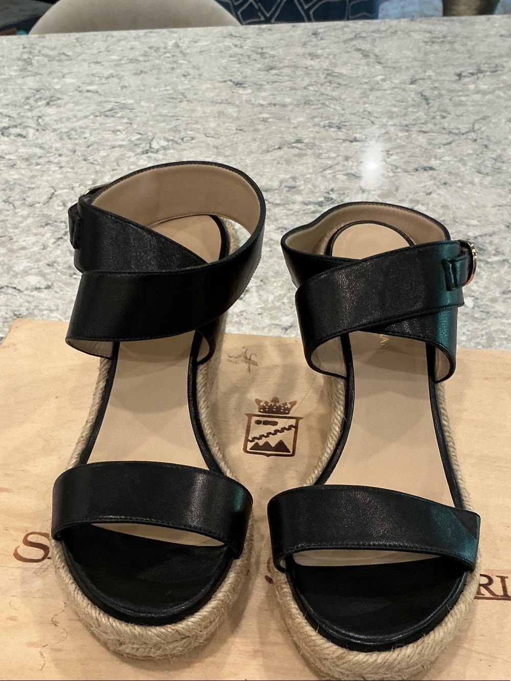 Stuart Weitzman Black Leather Espadrille Wedge Sandals - Picture 5 of 9